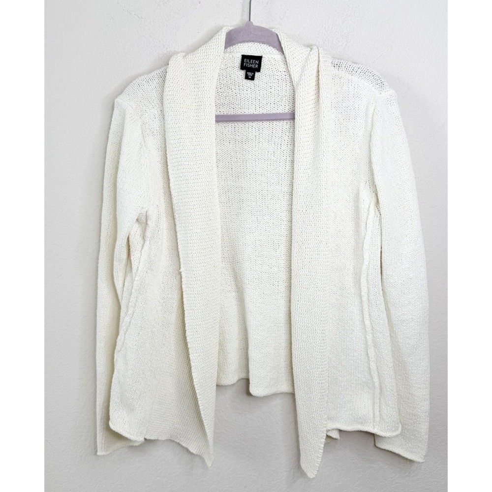 Eileen Fisher Open Front Cardigan Sweater Ivory‎ Chunky Knit Shawl Collar Sz M